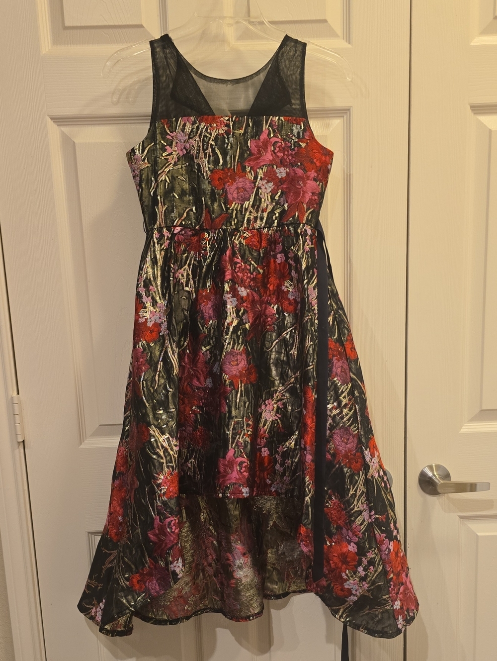 Rare Editions Black Dress with Pink & Gold Floral Jacquard Big Girl Hi Low Dress
